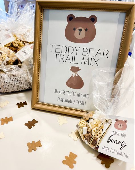 Bear Shower Food Ideas, Teddy Bear Sweets, Teddy Bear Party Ideas First Birthdays, Beary Sweet Birthday, Bear Trail Mix Teddy Grahams, Bear Theme Shower Ideas, First Birthday Treat Bags, Baby Bear Theme Baby Shower Ideas, Bear Themed Charcuterie Board