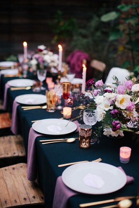 13 Decorations for Your 30th Birthday Party | Brit + Co Nice Table Settings, Lavendar Wedding Aesthetic, Moody Lavender Wedding, Dark Tablecloth Wedding, August Wedding Aesthetic, Purple Table Settings, Blackberry Whiskey, Intimate Party, Tablecloth Wedding