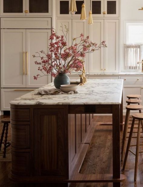 Wood Kitchen Island With White Cabinets, Kitchen Island Next To Dining Table, 8 Ft Island Kitchen, Beams In Kitchen Ceiling, Long Kitchen Islands, Two Level Island, Dining Island, Earth Tones Kitchen, Kitchen 2025