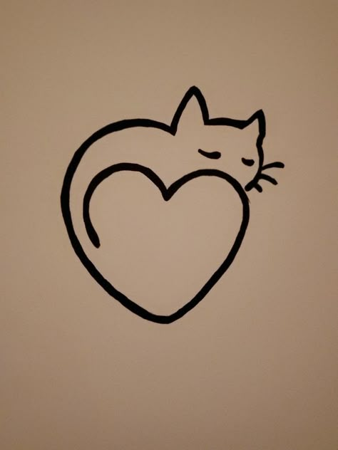 Wall Simple Drawing, Heart Cat Drawing, Cute Cat Doodle Simple, Cute Heart Doodles Aesthetic, Cute Heart Sketch, Cute Drawings Cat Easy, Cat In Love Drawing, Easy Cat Doodle Simple, Painting Ideas Easy Simple For Boyfriend