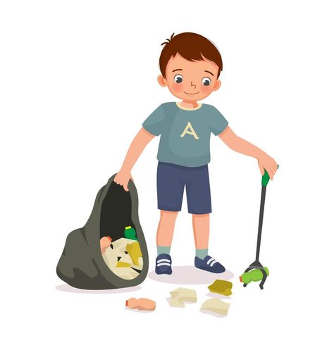 Happy little boy collecting plastic bottles and papers waste with litter trash picker stick put into garbage bag for recycling to protect save environment Save Environment, Pick Up Trash, Lil Bro, Vector Frame, Boy Drawing, Photo Collage Template, Children Book, Collage Template, Waste Paper