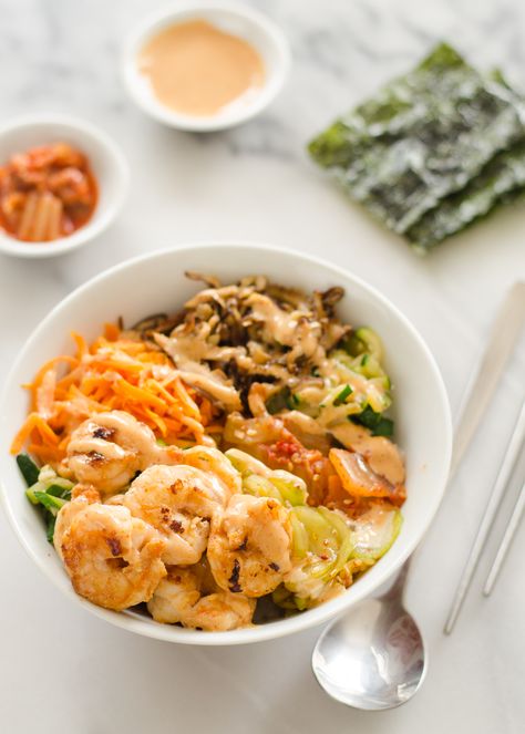 Spicy Korean Shrimp Rice Bowl Recipe - Buttered Side Up | delicious supper or dinner recipe idea Gochujang Shrimp, Shrimp Rice Bowl Recipe, Shrimp Bowl Recipe, Korean Shrimp, Gochujang Mayo, Shrimp Rice Bowl, Rice Bowl Recipe, Shrimp Rice, Shrimp Recipes Healthy