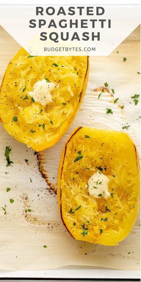 There's a hard way and an easy way to roast spaghetti squash. Here's the easiest way to get roasted strands of squash on your table fast. Roast Spaghetti Squash, Roasted Spaghetti Squash, Baked Squash, Budget Bytes, Squash Recipe, Spaghetti Squash Recipes, Fall Foods, Slices Recipes, Angel Hair