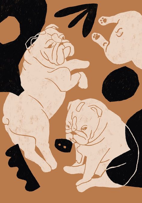 english bulldogs illustration by Jagoda Jankowska instagram: @blueberry.kingdom Animal Love Illustration, Animal Pattern Illustration, English Bulldog Illustration, Bulldog Illustration, Bulldog Print, Pet Illustration, Gouache Illustrations, Posca Art, Bulldog Art