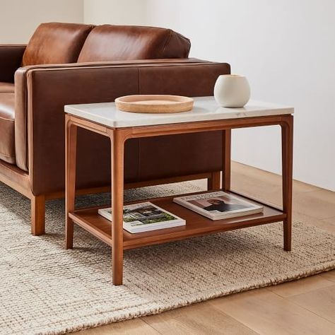 Side Tables & End Tables | West Elm Extra Deep Sofa, Marble Side Tables, Living Room Side Table, Furniture Side Tables, Sofa Side Table, Modern Side Table, Walnut Veneer, Bottom Shelf, Key Details