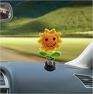 Shaking Sunflower Car Accessories Dashboard Decorations, Smiley Handmade Knitted for Car Interior Home Office Desk Decoration Sunflower Decorations, Dashboard Decorations, Office Desk Decoration, Decoration House, Desk Decoration, Love Shape, Sunflower Decor, Car Dashboard, Office Desk Decor