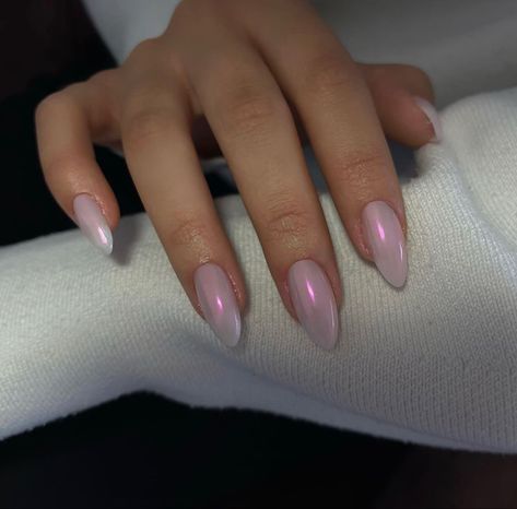 Acrylic Chrome Nails, Nails Acrylic Chrome, Nails Medium Almond, Almond Acrylic Nails Designs, Pink Chrome Nails, Baby Pink Nails, Soft Gel Nails, Press On Nails Medium, Asian Nails