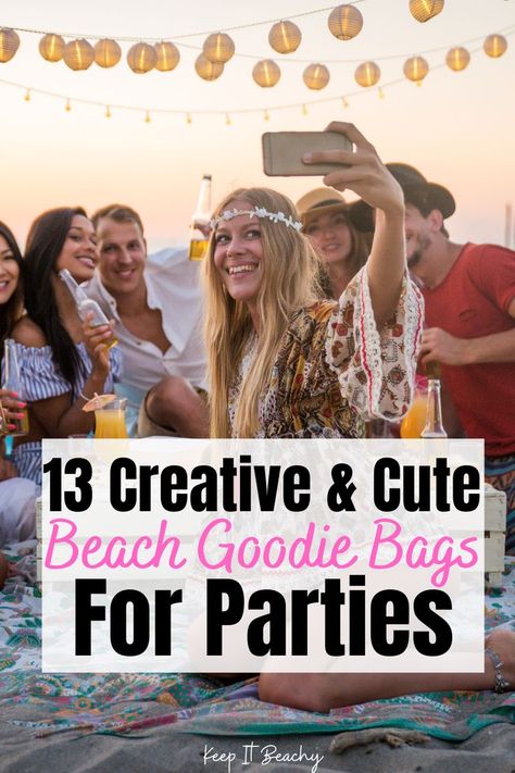 beach goodie bag ideas Beach Party Loot Bag Ideas, 50th Beach Party Ideas, Beach Party Giveaways, Summer Party Gift Bags, Beach Birthday Party Favors For Adults, 40 Beach Birthday, Beach Bag Party Favors, Beach Birthday Goodie Bags, Summer Goodie Bag Ideas For Adults