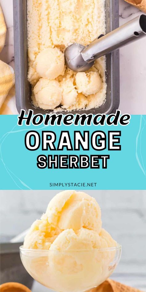 Orange Sherbet With only 4 ingredients, you'll love easy this delicious and creamy homemade treat is to make. It's tangy and sweet with a refreshing twist of orange for the perfect summer dessert. Homemade Orange Sherbet, Orange Sherbet Recipe, Sherbet Ice Cream, Sherbet Recipes, Orange Ice Cream, Orange Sherbert, Easy Ice Cream Recipe, Mint Ice Cream, Easy Ice Cream