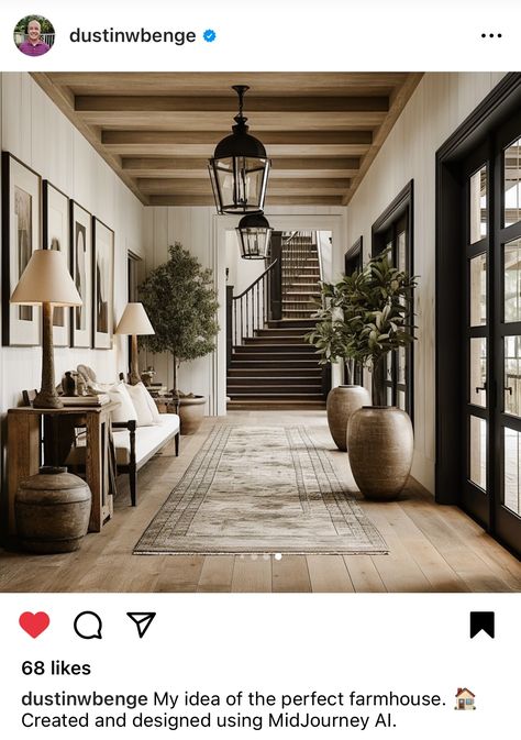 Large Home Entryway Ideas, Lindsay Galloway Interiors, Big Entryway Decor, Entryway Decor Stairs, Open Landing Ideas Upstairs, Long Foyer Ideas Entryway Hallways, Entry Way Ideas With Bench, Moody Home Interior, Long Foyer Ideas Entryway