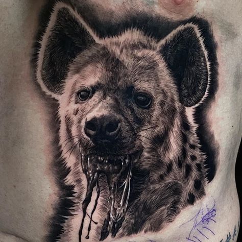 Hyena Tattoo, Black And White Flower Tattoo, Big Cat Tattoo, Animal Sleeve Tattoo, Lion Tattoo Sleeves, African Tattoo, Black Art Tattoo, Cool Chest Tattoos, Dark Art Tattoo