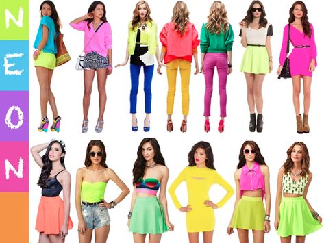 80s Neon Fashion, 80s Fashion Outfits Ideas, 80s Fashion Women, Colors Clothes, 80s Fashion Party, Bright Clothes, 80s Fashion Outfits, 80s Party Outfits, Neon Prom Dresses