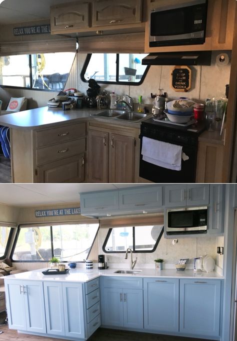 Before and After of a Houseboat remodel Houseboat Decorating Ideas, House Boat Remodel, Boat Interior Remodel, Houseboat Living Interiors, Houseboat Renovation, Houseboat Remodel, Boat Makeover, Houseboat Kitchen, Houseboat Interiors