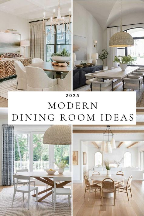 Modern Dining Room Ideas and Trends for 2025 – jane at home Dining Room With A Lot Of Windows, Comfortable Dining Room Ideas, Dining Room Inspiration Small Space, Modern Farmhouse Small Dining Room, Beach Cottage Dining Room, Modern Organic Dining Room Ideas, 2025 Dining Room Trends, Neutral Dining Room Ideas, Open Kitchen Living Room Dining Room