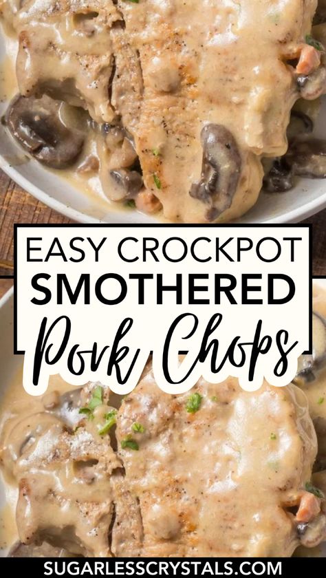 Discover the easiest way to make delicious Crockpot smothered pork chops with this simple recipe. Featuring tender bone-in pork chops, creamy gravy made from cream of mushroom, and a mix of onions, this dish is perfect for pairing with stuffing or mashed potatoes. Whether you’re cooking for a family gathering or a cozy dinner at home, these smothered pork chops are a surefire hit. Try this easy recipe today! Pork Chops With Brown Gravy, Frozen Pork Chops Crock Pot, Pork Chop Freezer Meals, Crockpot Smothered Pork Chops, Slow Cooker Smothered Pork Chops, Smothered Pork Chops Crock Pot, Pork Chops With Mushrooms, Meals Crockpot, Smothered Pork Chops Recipe