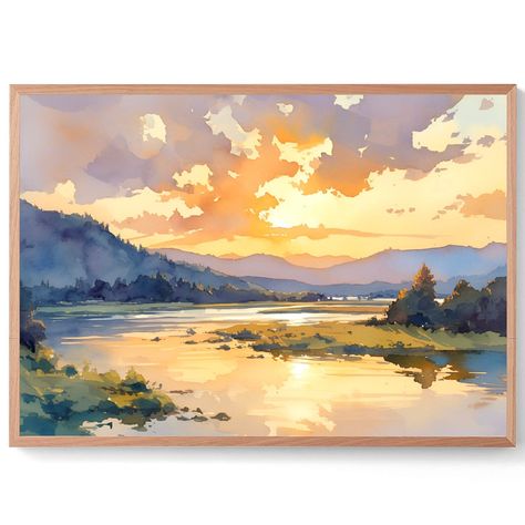 Snake River, Washington state High quality print from original watercolor painting To see more paintings, please visit my shop: www.etsy.com/shop/PaintingsDanArt - Giclee print on acid-free archival paper - Printed from original watercolor painting - Multiple sizes to choose from - Frame is not included. The print is not framed! Museum-quality posters made on thick and durable matte paper. Add a wonderful accent to your room, nursery and office with these posters that are sure to brighten any en Paintings For Office, Panoramic Drawing, Watercolor Lake Scene, Mountain River Painting, River Watercolor Painting, River Artwork, River Side Painting, River Oil Painting, Washington Art