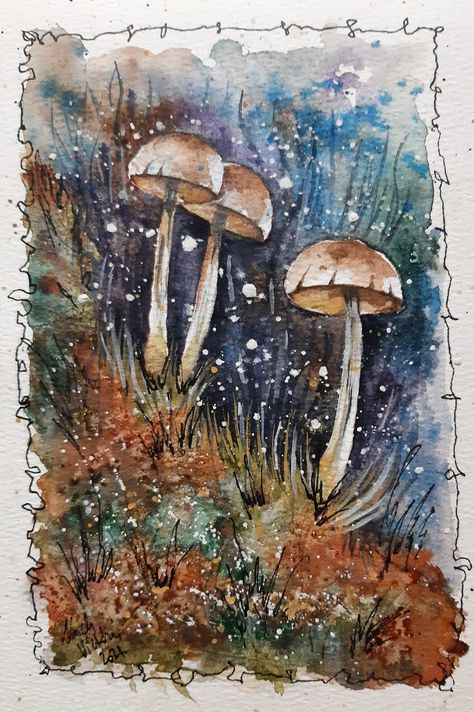 Mushroom Watercolor Paintings, Mushrooms Watercolor, Woodland Artwork, Watercolor Botanicals, Mushroom Pictures, Gcse Art Sketchbook, Trippy Painting, Watercolor Art Paintings, Botanical Illustration Vintage