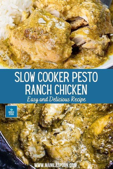 One of the easiest and tastiest chicken dishes you’ll ever make! Seriously. With only 4 ingredients and 5 minutes of prep time, you also can’t beat the ease and convenience of this Slow Cooker Pesto Ranch Chicken! Best meal to cook when you want fuss-free dinner that’s sure to please everyone. Crockpot Pesto Chicken, Pesto Ranch Chicken, Good Meals To Cook, Ranch Chicken Crockpot, Chicken Best, Homemade Pesto Sauce, Ranch Chicken Recipes, Diner Recipes, Homemade Pesto