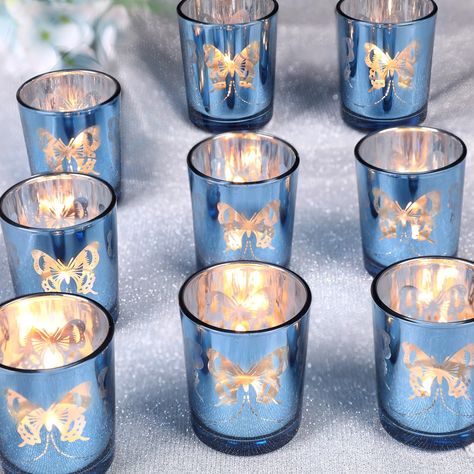 PRICES MAY VARY. ❤️Blue Votive Candle Holders: The blue candle holder is brightly colored and has a unique and elegant design. When lit, it projects a beautiful butterfly light, giving you a dreamy and enchanting atmosphere. You deserve it. ❤️Perfect Blue Candleholders Decoration：Use this blue candle holder at your wedding or dining table, with beautiful butterflies dancing, creating a romantic and unique atmosphere for you. It is especially suitable for summer seaside weddings and various celeb Blue Votive Candle Holders, Butterfly Garden Party, Blue Candle Holders, Table Home Decor, Butterfly Lighting, Tea Candles, Blue Candles, Votive Candle, Candle Holder Set