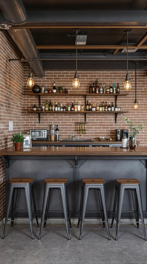 Basements Bar Industrial Basement Remodel, Bar With Brick Wall, Exposed Electrical Conduit Ideas, Bar Ideas For Restaurants, Modern Rustic Bar, Man Cave Bar Ideas, Industrial Bar Design, Edison Bulb Lighting, Industrial Pub