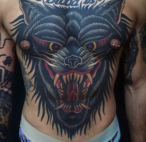 Horrendous Black Beast Tattoo Male Torso Body Art Tattoos Men, Art Tattoos Men, Traditional Tattoos For Men, Traditional Tattoo Man, Full Chest Tattoos, Old School Ink, American Traditional Tattoos, Traditional Tattoo Inspiration, Torso Tattoos