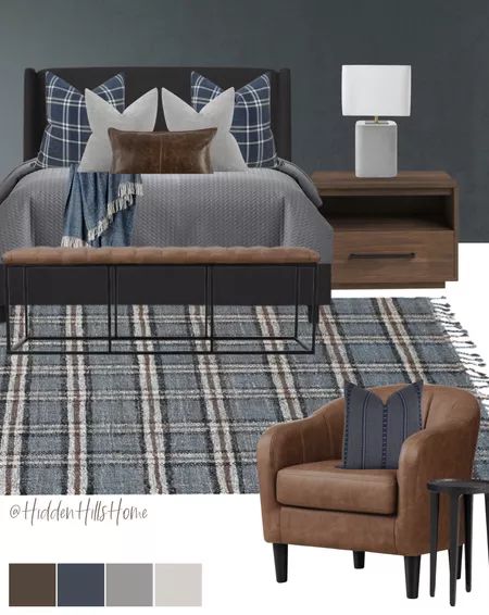 Tan Navy Bedroom, Blue Black Bedroom Ideas, Bronx Bedroom, Masculine Bedrooms, Young Mans Bedroom, Blue Upholstered Bed, Tilly Upholstered Bed, Gray Upholstered Bed, Blue Boys Bedroom