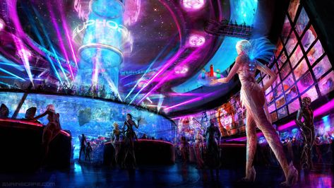 Scifi Club Euphoria by https://www.deviantart.com/ayarne on @DeviantArt Giant Aquarium, Futuristic Wallpaper, Wallpaper Night, Artwork Aesthetic, Science Background, Sci Fi City, Sci Fi Environment, Cyberpunk Aesthetic, Cyberpunk City