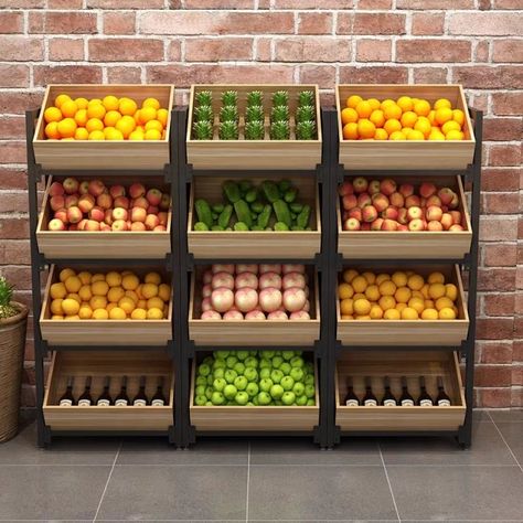 Source 4 Tiers Stable Wood Display Rack For Vegetables and Fruits on m.alibaba.com Vegetable Display, Fruit And Veg Shop, Vegetable Rack, Tiered Fruit Basket, Produce Displays, Vegetable Stand, Vegetable Shop, Dried Fruit Snacks, Grocery Store Design