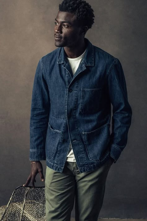 Chore Jacket Outfit, Mens Jeans Fashion, Workers Jacket, Grandpa Fashion, Raw Denim Jacket, Traditional Wardrobe, Denim Chore Jacket, Denim Outfit Men, Spring Shoot