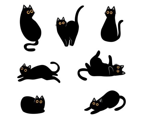 Cat Silly Drawing, Simple Cat Illustration, Silly Cats Drawing, Black Cat Clipart, Knitting Logo, Black Cat Cartoon, Cat Vector Illustration, Silhouette Chat, Cartoon Black Cat