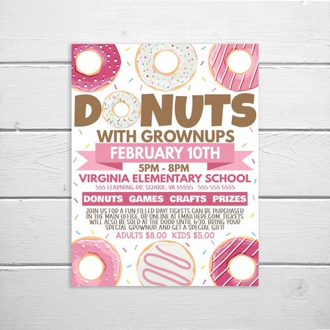 Valentines Day Pta Ideas, Donuts For Grownups, Pta Valentines Fundraiser, Donuts With Grownups, Donut Games, Lunch Invitation, Valentines Breakfast, Pta Fundraising, School Pto