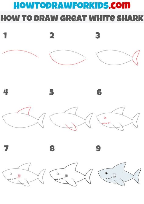 how to draw great white shark step by step How To Draw A Great White Shark, How To Draw A Shark Easy, How To Draw A Shark Step By Step, Shark Drawing Step By Step, How To Draw A Shark, Simple Shark Drawing, Easy Shark Drawing, Shark Tutorial, Great White Shark Drawing