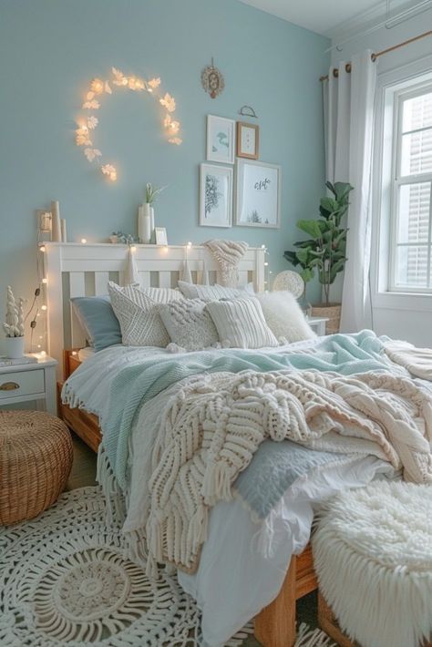 29 Blue Boho Dorm Room Ideas for a Stylish College Retreat 20 Bedroom Calm Aesthetic, Room Ideas Light Blue Walls, Room Ideas Aesthetic Blue And White, Room Inspo Cozy Aesthetic, Wood And Blue Bedroom, Room Inspo Blue Walls, Soft Blue Room, White And Light Blue Bedroom, Room Themes Aesthetic