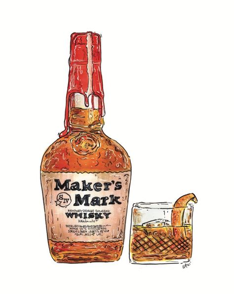 Whiskey Art, Drink Painting, Bar Alcohol, Marker Illustration, Old Fashioned Drink, Bear Artwork, Bottle Drawing, Cocktail Art, Alcohol Gifts