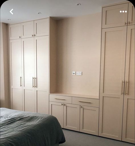 Lily Pebbles Bedroom, Lily Pebbles Home, Built In Wardrobe With Bench, Ikea Bedroom Wardrobe Ideas, Tv In Wardrobe, Built In Wardrobe Ideas Bedrooms, Setting Plaster Bedroom, Fitted Robes, Inbuilt Wardrobe