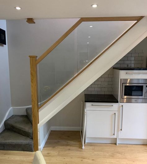 Oak & glass staircase renovation with white stringers in Bromley Staircase Renovation, Glass Railing Stairs, Oak Handrail, Kent Homes, Attic Staircase, Bespoke Staircases, Painted Staircases, Glass Stairs, New Staircase