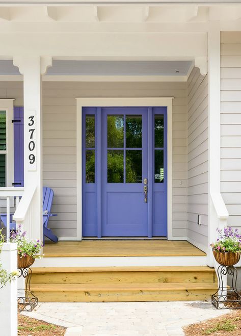 Perhaps the fastest and possibly easiest way to add instant curb appeal to your home lies right at your front door! A simple coat of paint or a minor architectural embellishment can pack a punch for making your home stand out on the block. Here’s 14 charming front door ideas to get your wheels spinning. Front Door Blue Paint Colors, Coral Door Front Entrance, Periwinkle Front Door, Colorful Front Door, Best Blue Paint Colors Sherwin Williams Front Doors, Copen Blue Sherwin Williams Front Door, Beat Blue Front Door Colors, Behr Very Navy Front Door, Periwinkle Door