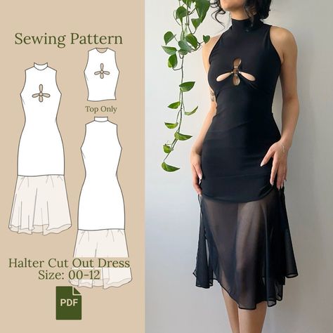 Dress Sewing Template, Mesh Dress Sewing Pattern, Outfit Sewing Ideas, Halter Pattern Sewing, Etsy Patterns Sewing, Going Out Top Sewing Pattern, Diy Dress Tutorial, Heart Cut Out Dress, Sewing Patterns Dresses Free