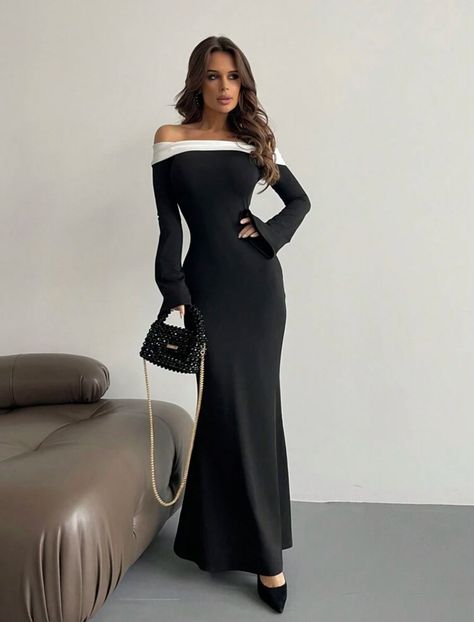 Dresses With Off The Shoulder Sleeves, Long Sleeve Dress Formal Classy Simple, Long Black Party Dress, Long White Bodycon Dress, Black Dress Outfit Party, Black Off Shoulder Dress, Plus Size Mini Dresses, Midi Dress Plus Size, Plus Size Romper