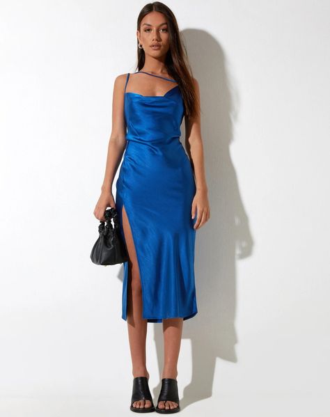 Silken Style: A Shiny silk Blue Dress Online India | Snazzyway | Satin Blue Dress, Blue Satin Midi Dress, Blue Silk Dress, Black Satin Dress, Bandeau Dress, Dress Satin, Satin Midi Dress, Blue Midi Dress, Long Sleeve Bodycon Dress