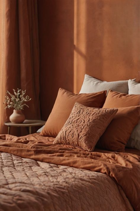 Moody Terracotta Bedroom, Terracotta Bedroom Ideas, Terracotta Bedroom, Earthy Interior, Condo Decorating Ideas, Interior 2024, Coral Bedroom, Layered Bedding, Fall Bedroom Ideas