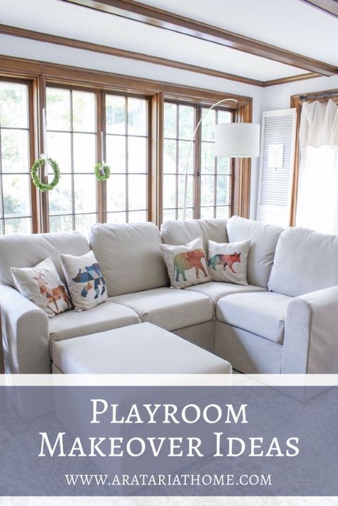 Playroom makeover reveal. Ideas for turning a space into a playroom. #playroon #makeover #playroomideas #kidsroom Reused Furniture, Playroom Makeover, Play Spaces, White Furniture, Affordable Furniture, Inspiration For Kids, Kids Playroom, Fixer Upper, Sectional Couch