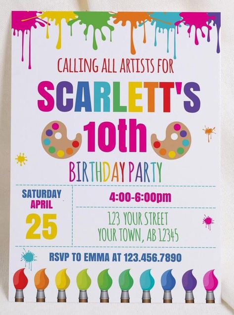 Paint Birthday Party, Artist Birthday Party, Art Birthday Party Invitations, Art Birthday Invitations, Rainbow Party Invitations, Art Party Decorations, Art Themed Party, Kids Painting Party, Art Party Invitations