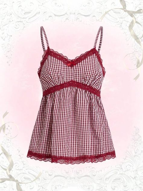 Lace Trim Cami Top, Lace Trim Cami, Lace Cami Top, Gingham Tops, Plus Size Tank Tops, Gingham Print, Lace Cami, Plaid Tops, Red Lace