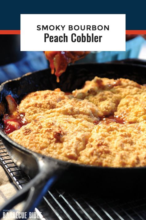 Treager Peach Cobbler, Smoked Bourbon Peach Cobbler, Smoked Peach Cobbler Recipes, Traeger Peach Cobbler, Peach Cobbler On The Smoker, Green Egg Dessert Recipes, Smoker Peach Cobbler, Peach Cobbler On The Grill, Desserts On Smoker