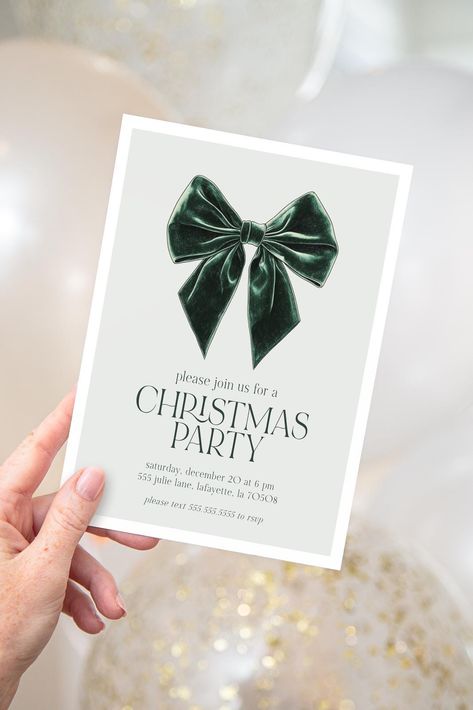 Green Bow Christmas Party Invitation | Holiday Party Invite | Printable Instant Download | Editable Template ✅ DEMO: Demo this item now! https://www.corjl.com/d/1O189D ✅ PERSONALIZE: 1️⃣ After purchasing, you will receive an email from Corjl with a link to access and edit your item. You can also go directly to Corjl.com and use your order info to log in and access your purchased items. 2️⃣ Personalize your items, then save or approve the proofs. 3️⃣ Download your files and print. ✅ SIZE: Invitat Home Party Invitation, Christmas Eve Invitations, Holiday Invite Design, Business Christmas Party Ideas, Christmas Party Invite Ideas, Christmas Family Party Ideas, Christmas Party Outside, Christmas Party Decorations Elegant, Christmas Invitations Ideas