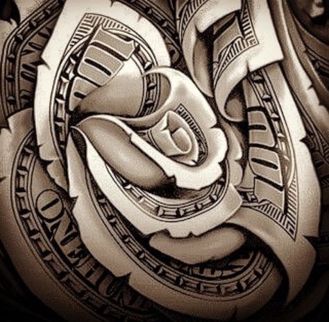 Money rose Money Rose Tattoo For Men, Money Rose Drawing, Money Hungry Tattoo, Money Roses, Money Rose Tattoo, Dollar Tattoo, Rose Tattoo Stencil, Chicanas Tattoo, 100 Roses