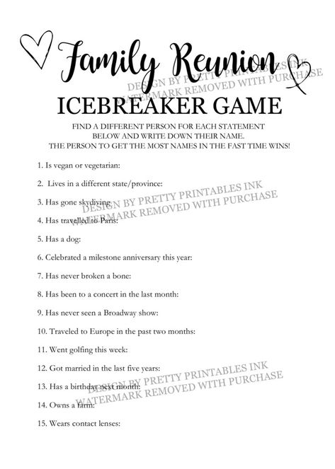 Family Reunion Game Printable Family Reunion Icebreaker Game - Etsy Family Reunion Scavenger Hunt, Family Reunion Banquet, Find Someone Who Game, Family Reunion Activities, Reunion Games, Family Reunion Games, Family Reunion Planning, Icebreaker Activities, Ice Breaker Games