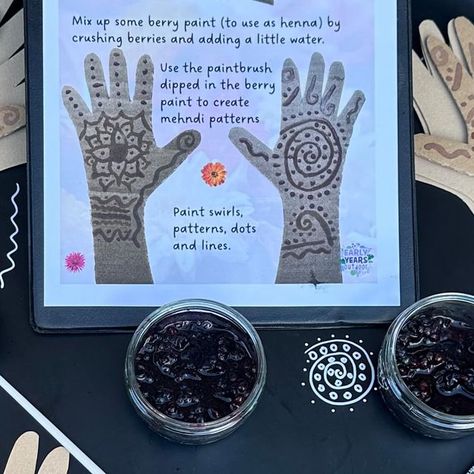 Katie Taylor on Instagram: "Use berries* to make some mendhi patterns on recycled card hands. If you don’t have any berries to hand, you could also water down some mud which would be just as fun. This is part of my Diwali pack. You can download from my website and print out instantly ☺️✨ *Berries can stain clothes and check for allergies! #diwali #diwali2023 #diwalicrafts #diwaliideas #eyfs #earlyyears #earlyyearsideas #outdoorlearning #outdoorplay #tufftray #fyp #tufftrayideas #craftwithkids #teacher #teachersofinstagram #earlyyearsoutdoor #autumncrafts #naturalclassroom #continuousprovision #provisionenhancement #classroomideas #classroomactivities #receptionclass" Diwali Eyfs, Mendhi Patterns, Stain Clothes, Diwali Activities, Curiosity Approach, Katie Taylor, Holi Party, Water Tray, Tuff Tray