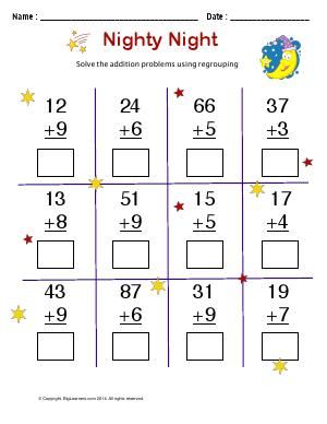 Worksheet | Nighty Night | Solve each addition problem using regrouping / carry over. Carry Over Addition Worksheets, Addition Regrouping, Maths Revision, Addition With Regrouping, Math Fact Worksheets, Reading Comprehension For Kids, Homeschool Fun, Math Addition Worksheets, Maths Worksheets